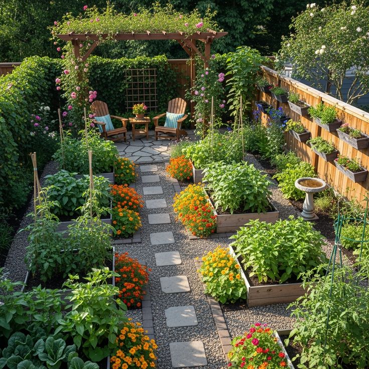 Community garden path with raised beds and native plants for outdoor observation